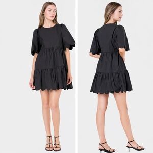 English Factory Scallop Detail Tiered Mini Dress Black Small